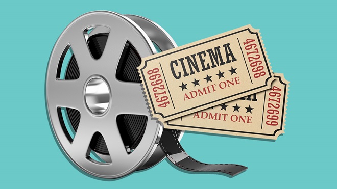 film reel and two movie tickets